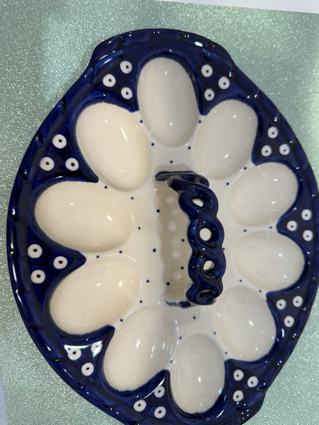 Polish Pottery Deviled Egg Plate Boleslawiec Blue White Handmade Serving dish.2