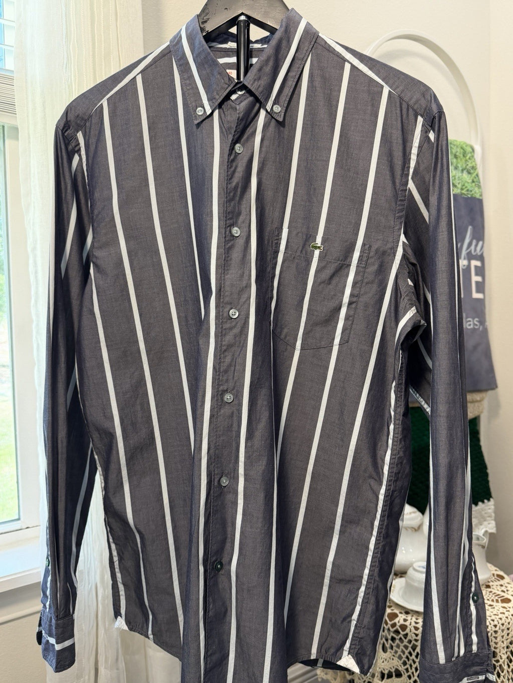 Lacoste Mens Striped Button Down Shirt Size 40 Blue White Long Sleeve Classic0