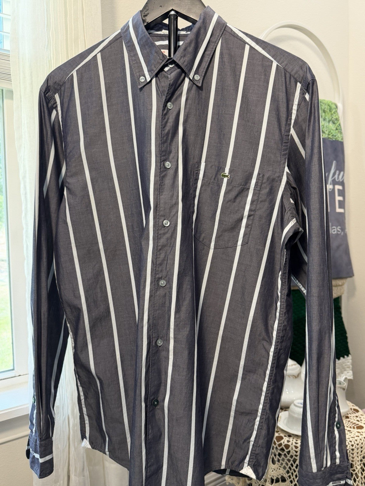 Lacoste Mens Striped Button Down Shirt Size 40 Blue White Long Sleeve Classic0
