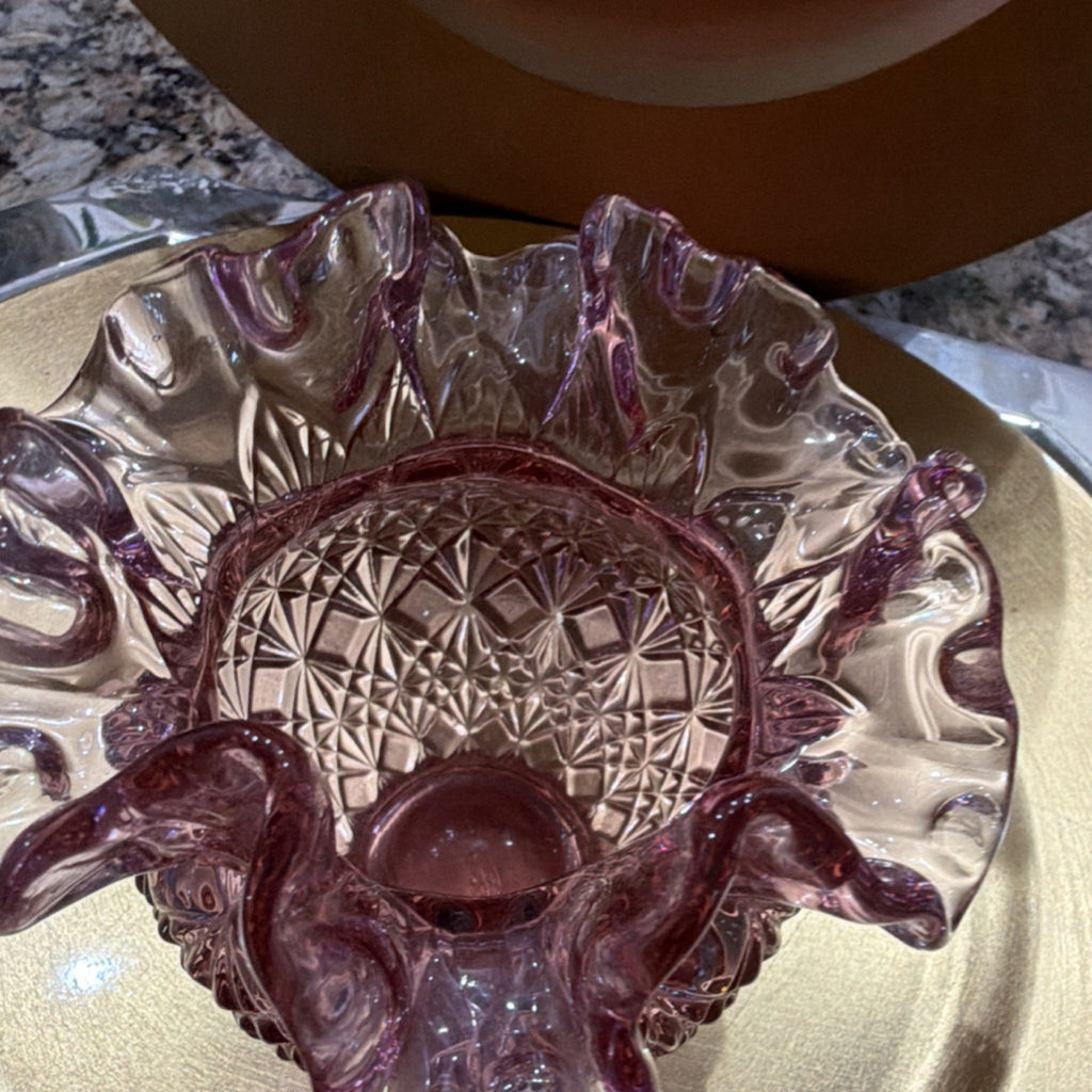 Fenton Pink Pressed Glass Vase Diamond Ruffled Decorative Glossy Collectible2