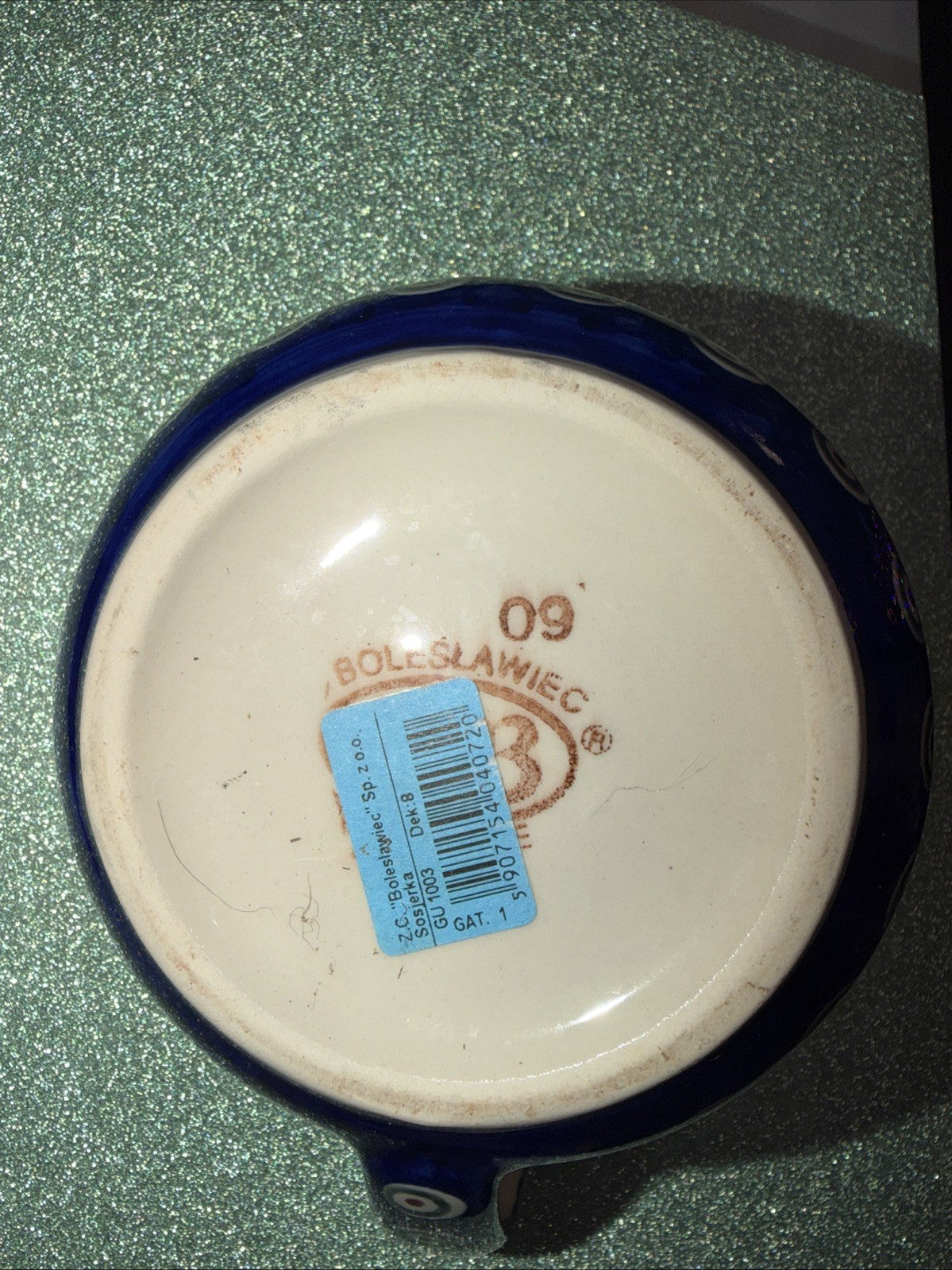 Polish Pottery Peacock Gravy Bowl Boat Handle 8” Ceramika Boleslawiec 1