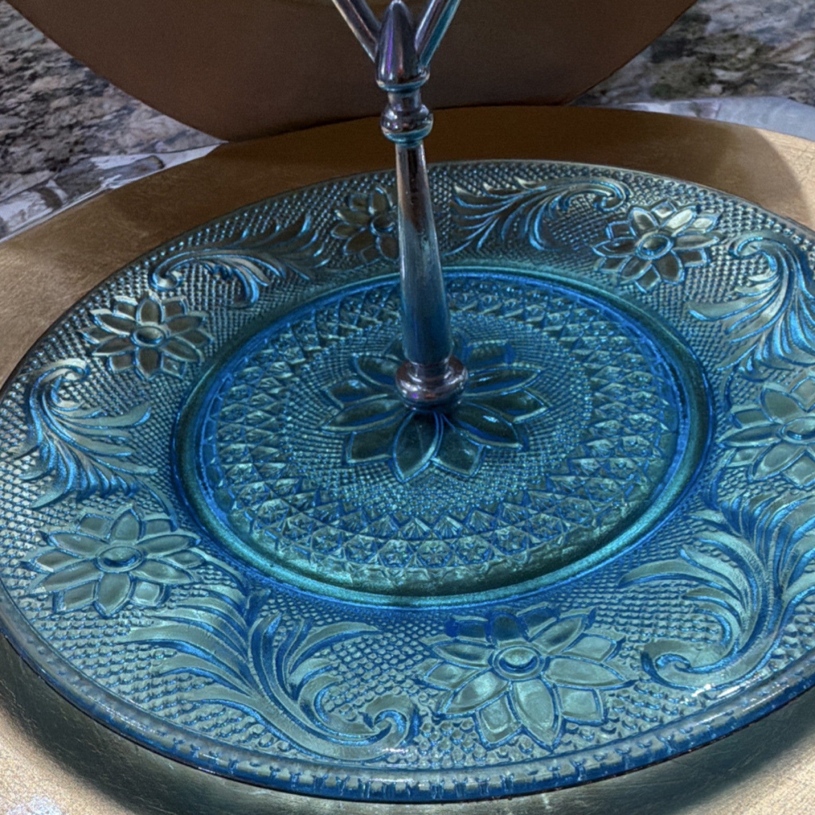 Blue Pressed Glass Round Serving Tray with Handle, Floral Pattern, Glossy Finish2