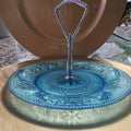 Blue Pressed Glass Round Serving Tray with Handle, Floral Pattern, Glossy Finish0