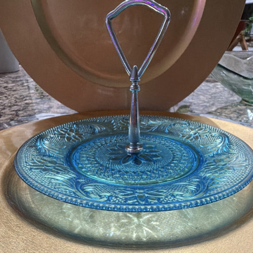Blue Pressed Glass Round Serving Tray with Handle, Floral Pattern, Glossy Finish0