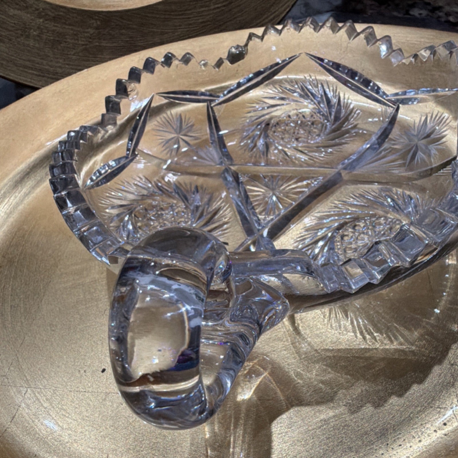 Antique American Brilliant Cut Glass Nappy Bowl, Sawtooth Edge with Handle 2