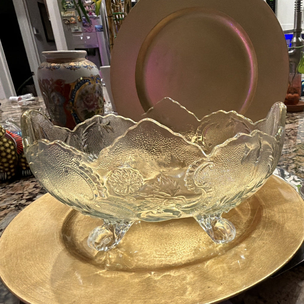Clear Pressed Glass Floral Decorative Footed Serving Bowl, Round, Glossy Finish0