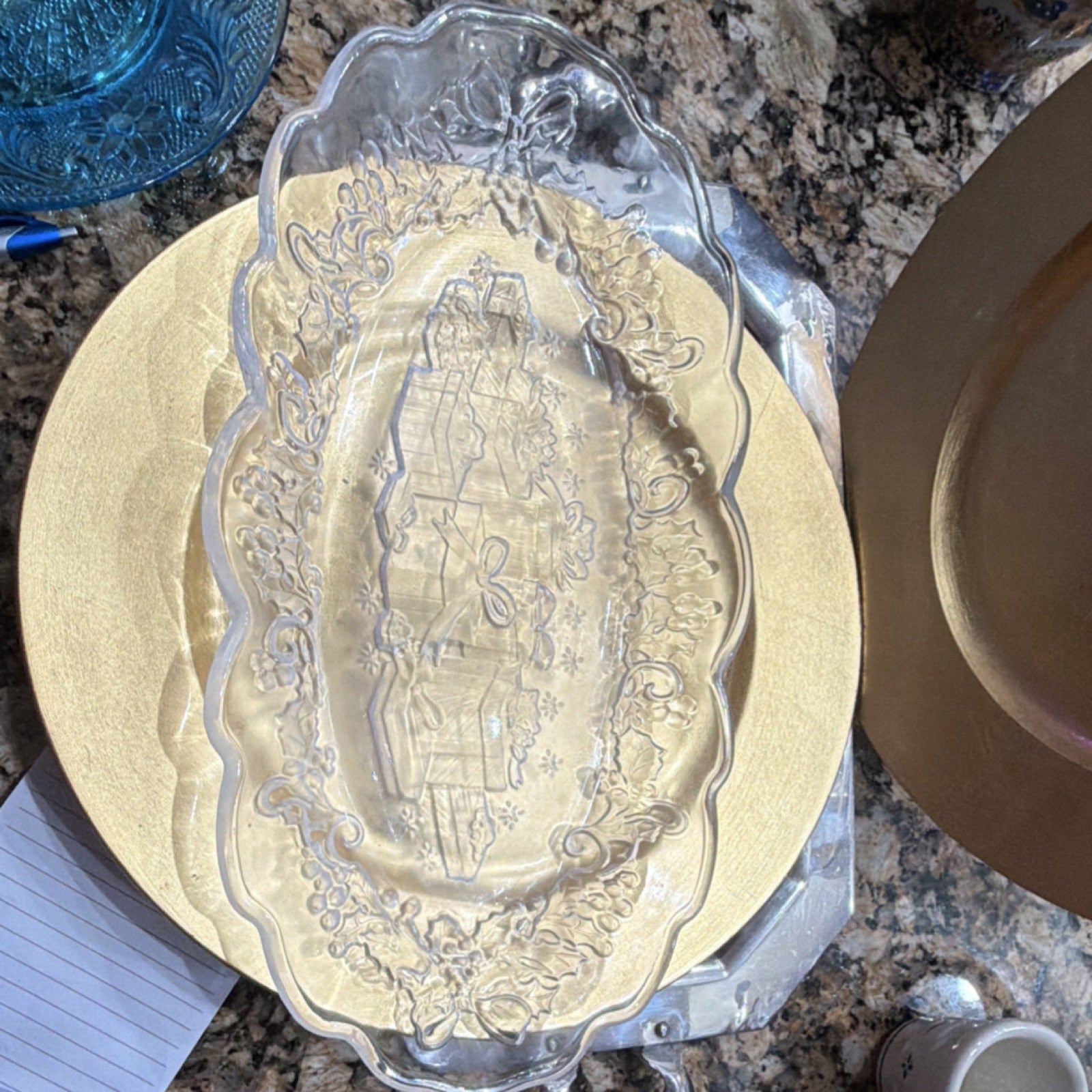 Clear Glass Oval Platter with Embossed Decorative Design0