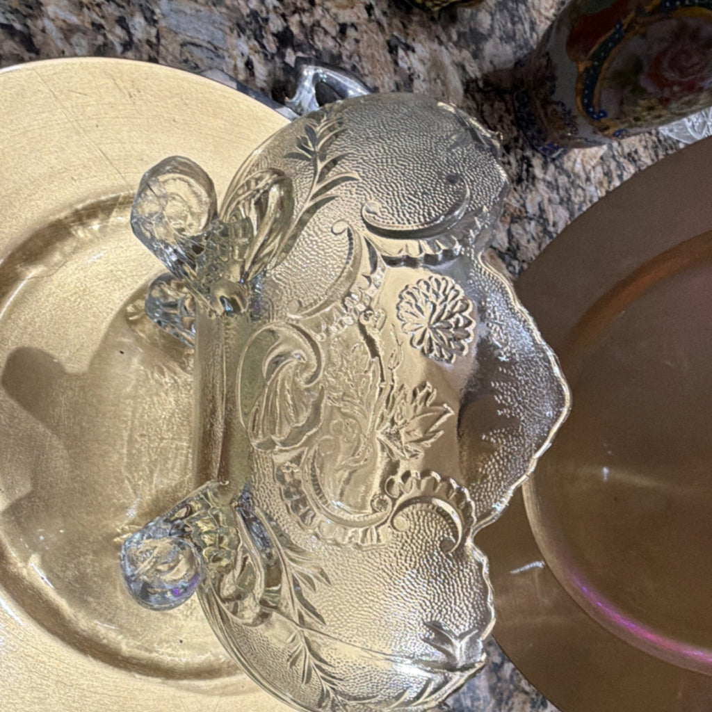 Clear Pressed Glass Floral Decorative Footed Serving Bowl, Round, Glossy Finish2