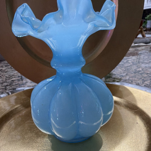Blue Glass Vase 7 Inch (18 cm) Ruffled Rim Glossy Finish Decorative Centerpiece0
