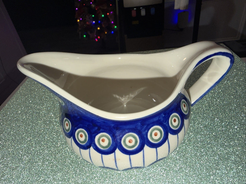 Polish Pottery Peacock Gravy Bowl Boat Handle 8” Ceramika Boleslawiec 0