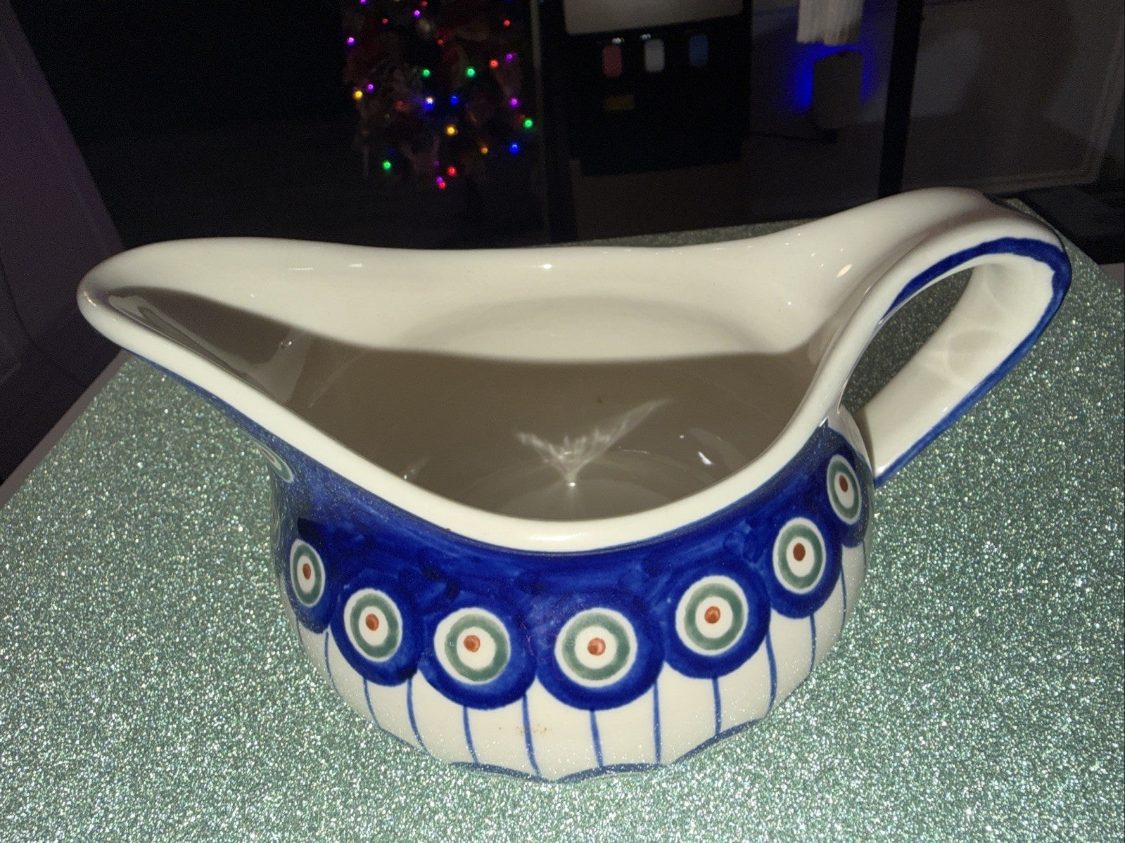 Polish Pottery Peacock Gravy Bowl Boat Handle 8” Ceramika Boleslawiec 0