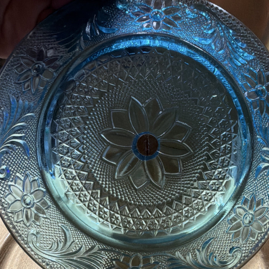 Blue Pressed Glass Round Serving Tray with Handle, Floral Pattern, Glossy Finish1