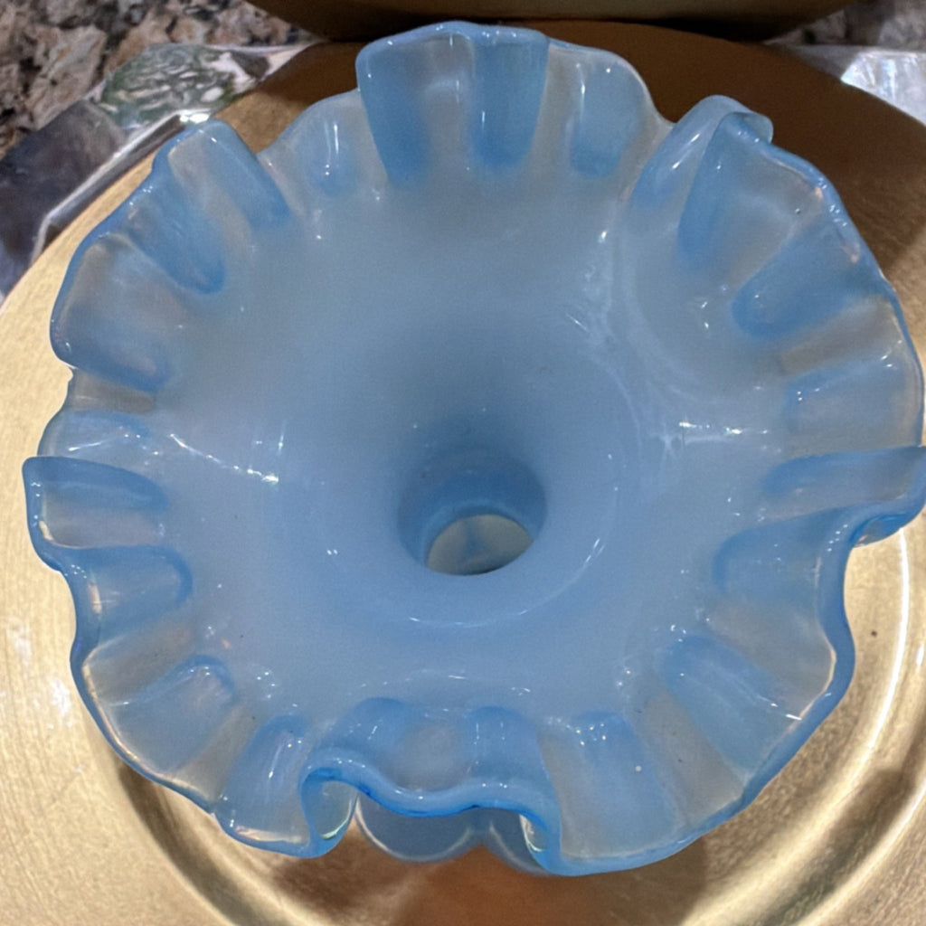 Blue Glass Vase 7 Inch (18 cm) Ruffled Rim Glossy Finish Decorative Centerpiece2
