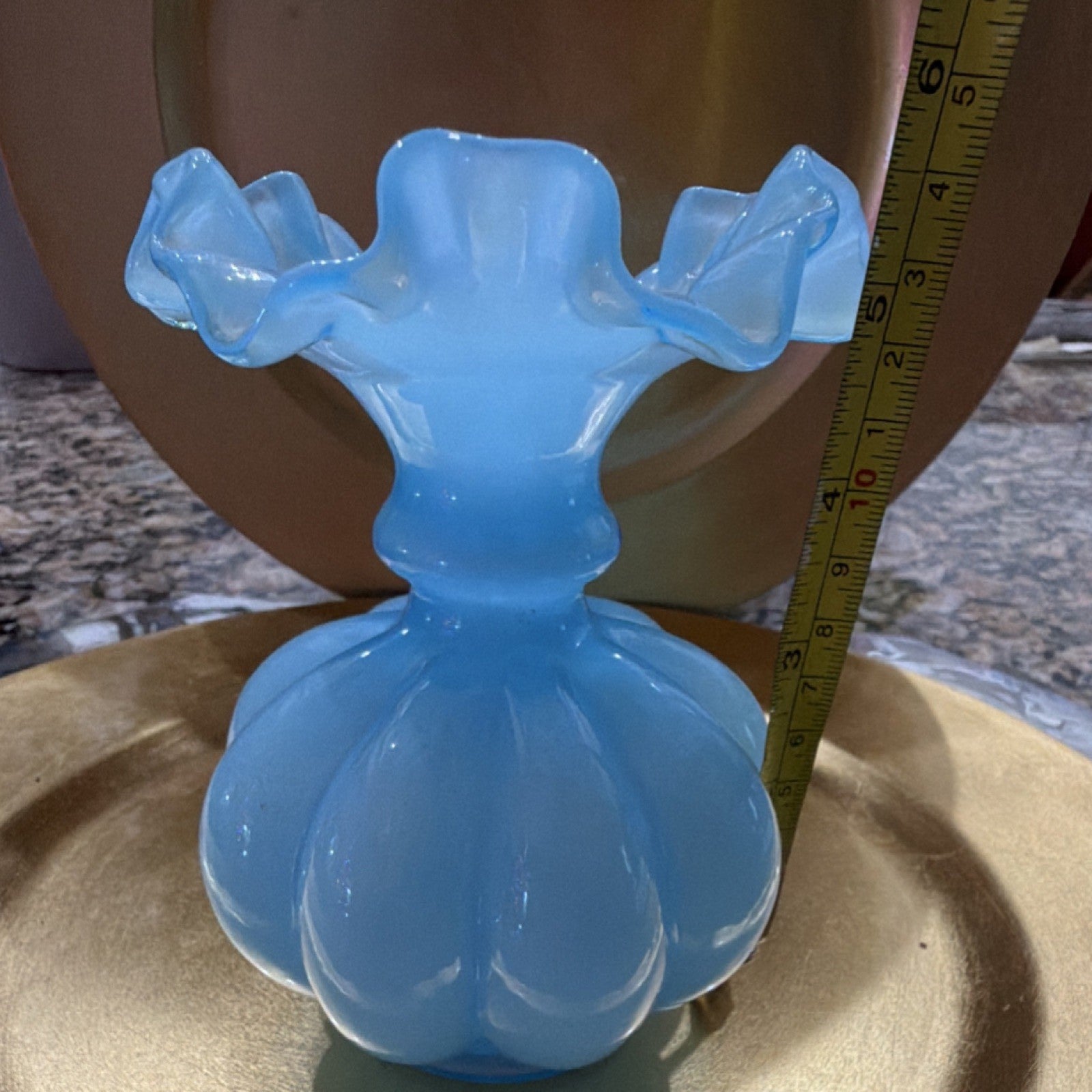 Blue Glass Vase 7 Inch (18 cm) Ruffled Rim Glossy Finish Decorative Centerpiece3