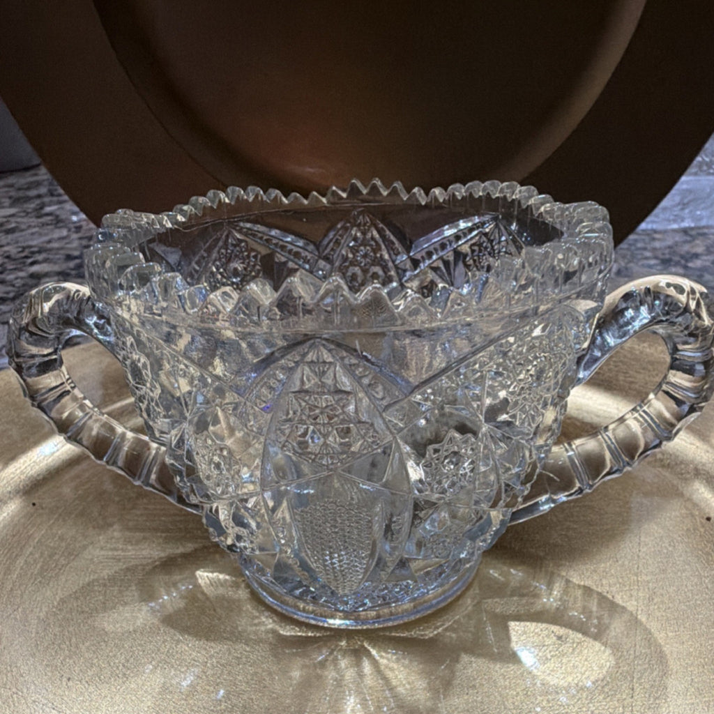 Patterned Geometric Clear Glass Sugar Bowl with Two Handles0