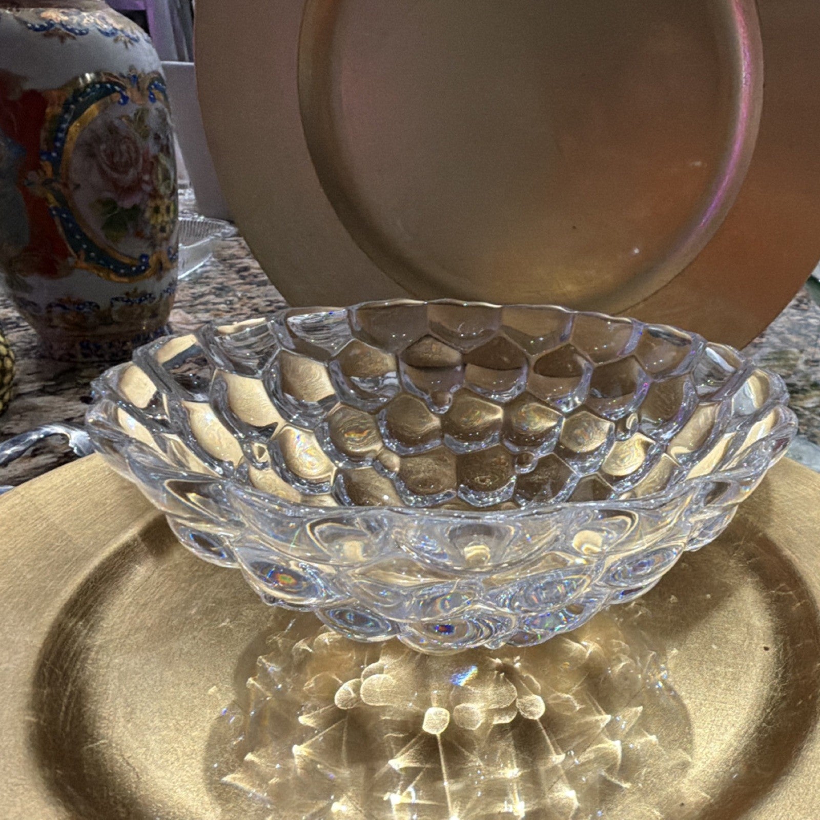 This crystal bowl is the Orrefors Raspberry pattern, designed by Anne Nilsson.0