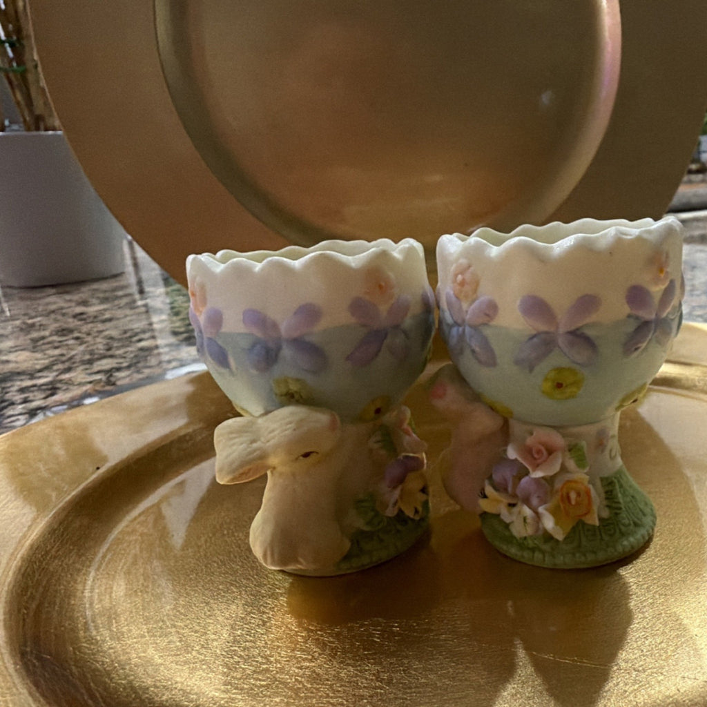 Ceramic Bunny Floral Egg Cup Set, Easter Novelty, 2 Pieces3