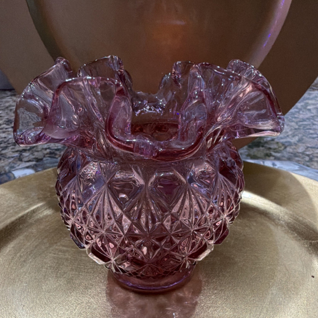 Fenton Pink Pressed Glass Vase Diamond Ruffled Decorative Glossy Collectible0