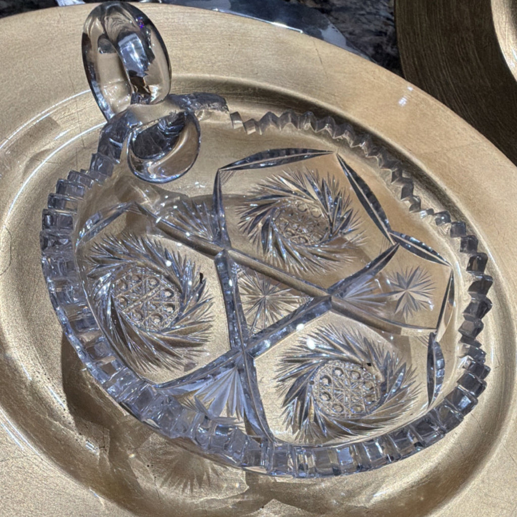 Antique American Brilliant Cut Glass Nappy Bowl, Sawtooth Edge with Handle 0