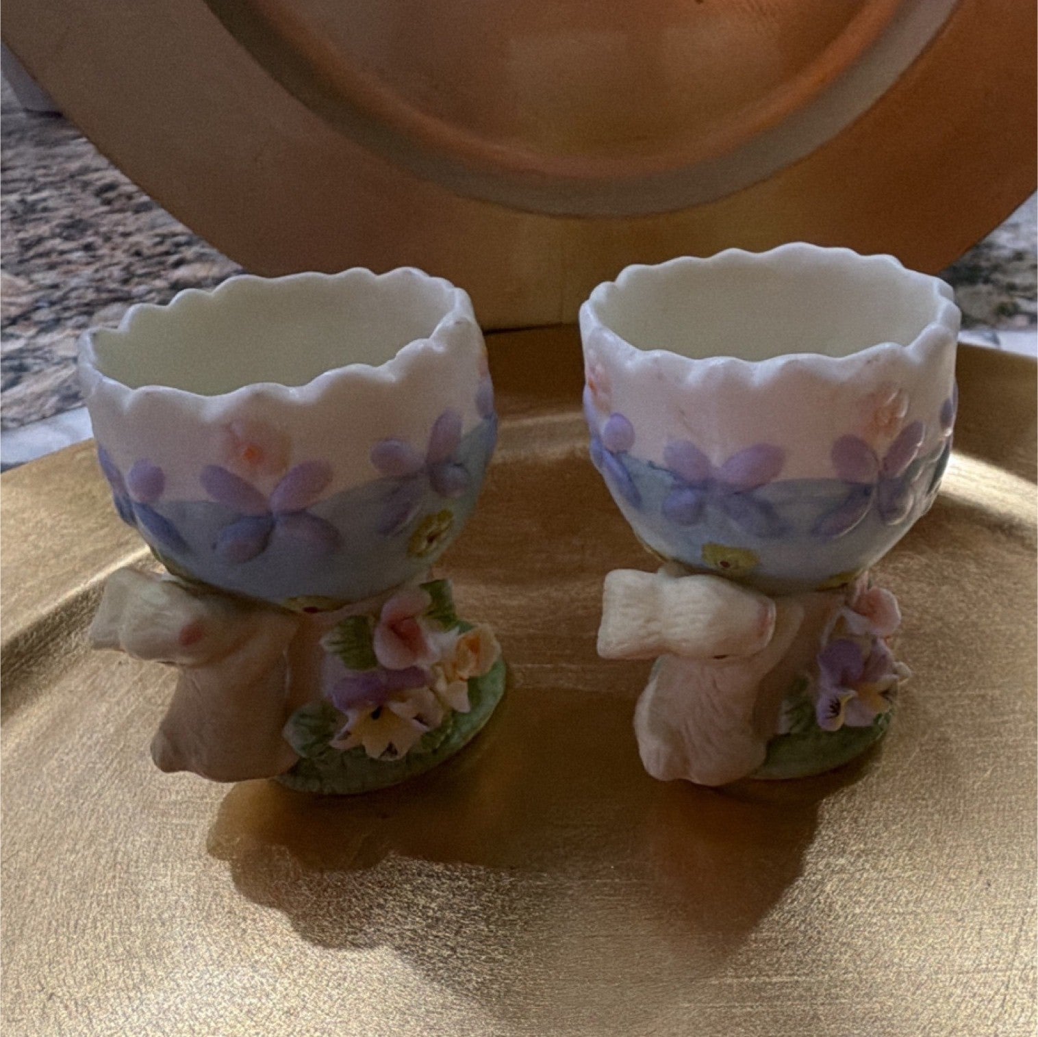 Ceramic Bunny Floral Egg Cup Set, Easter Novelty, 2 Pieces0