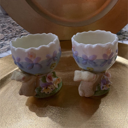 Ceramic Bunny Floral Egg Cup Set, Easter Novelty, 2 Pieces0